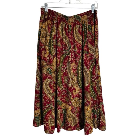 Vintage 90s Koret Midi Skirt Womens 14 Burgundy Paisley Button Up Cottagecore - Picture 3 of 10